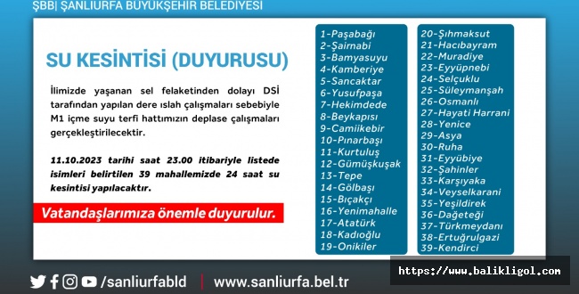 ŞUSKİ'den Açıklama: 39 Mahallede su kesintisi olacak